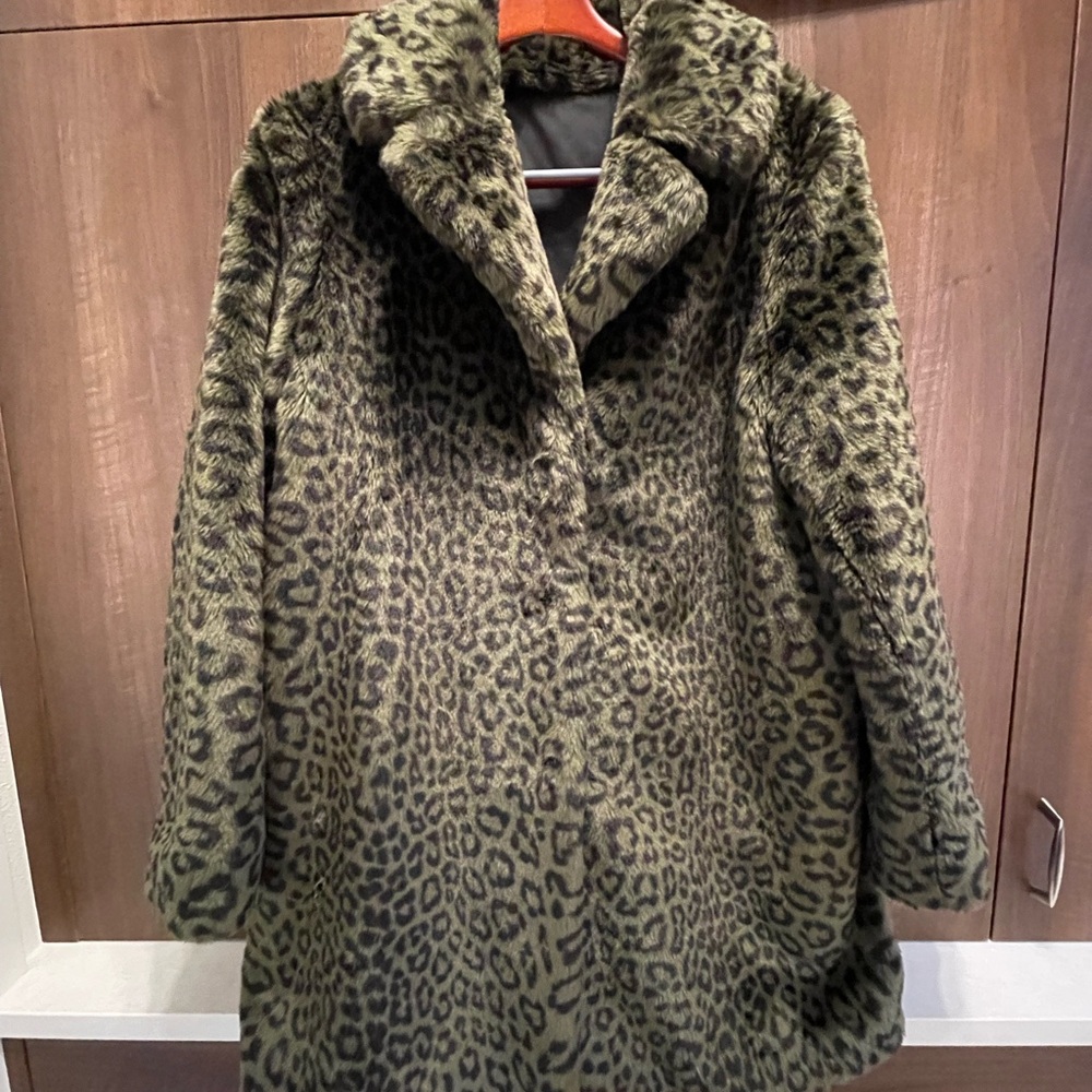 Olive Green Leopard Print Faux Fur Coat